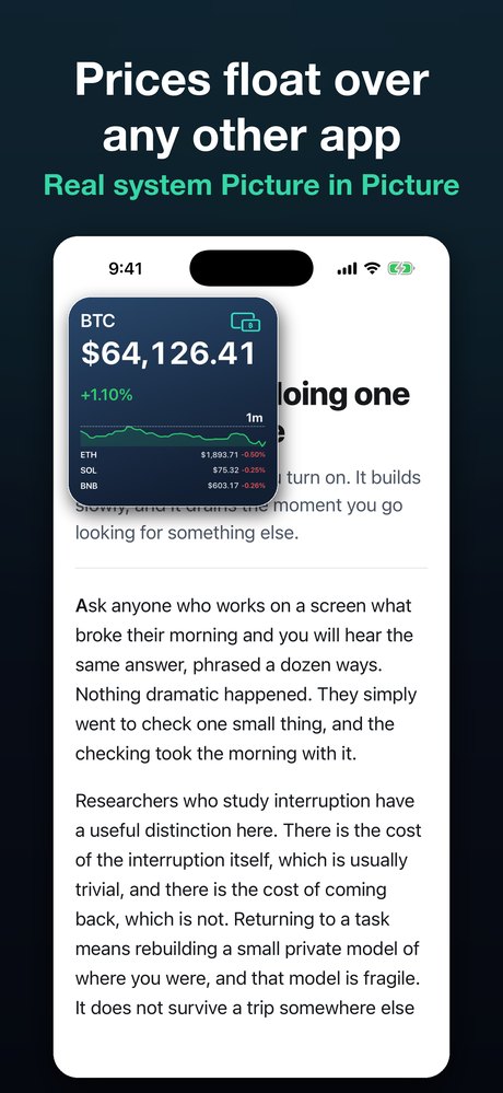 A Bitcoin price window floating above a Safari page on iPhone
