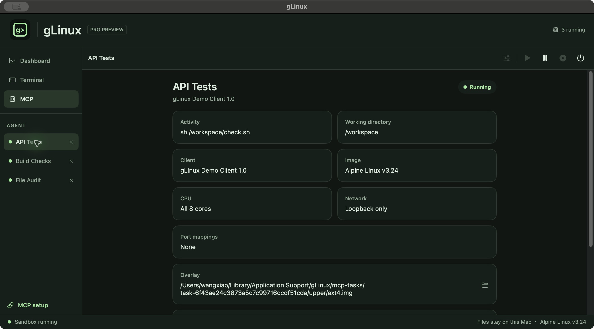 gLinux Pro feature preview listing three running MCP agent tasks, their client and current commands