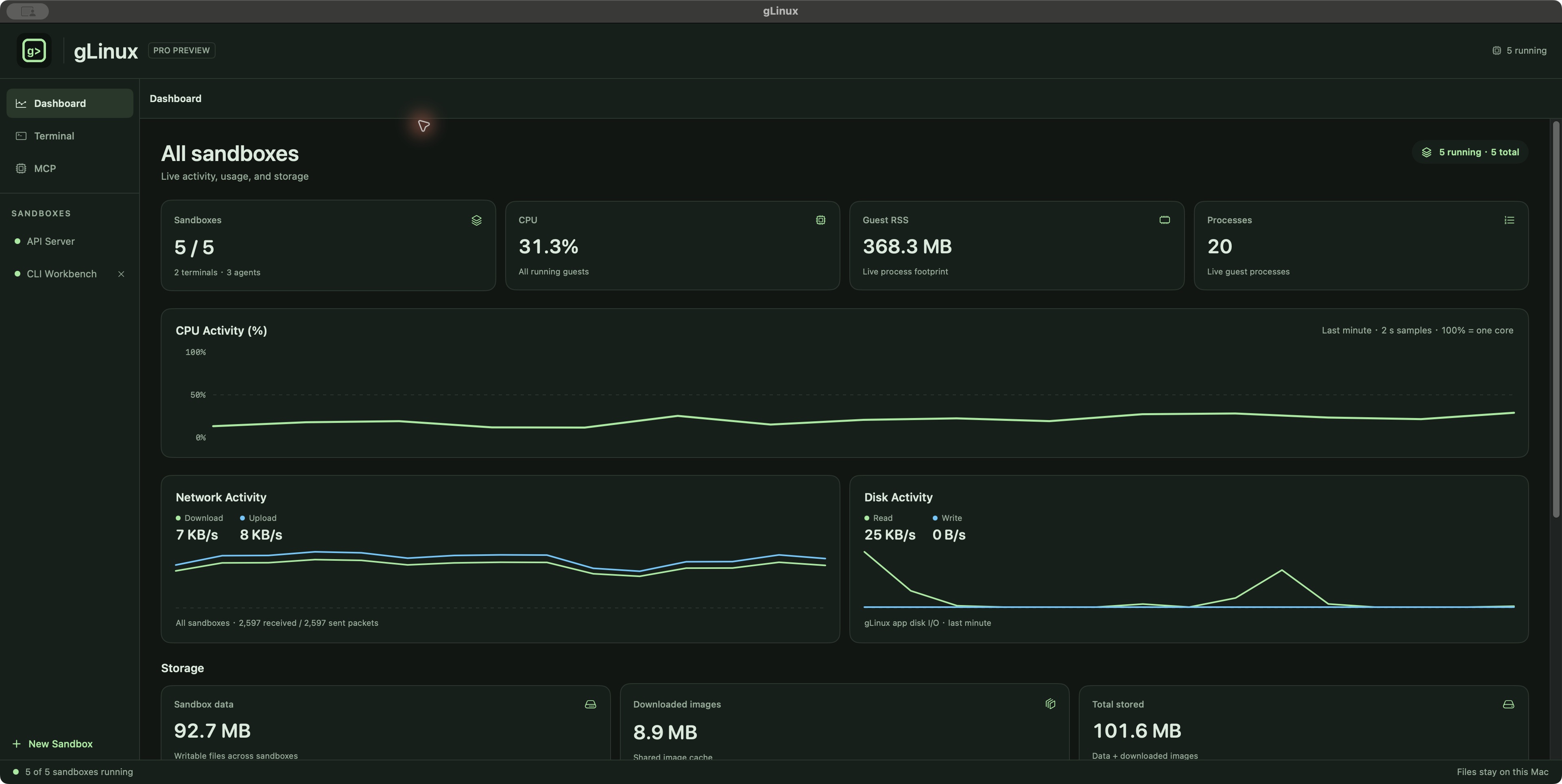 gLinux Pro Dashboard showing five running sandboxes, two terminals and three agents, with live CPU, memory, process and network readings