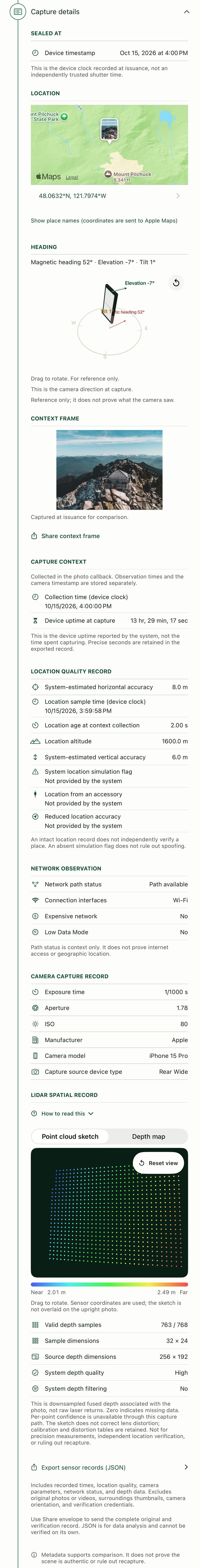 LightSeal capture details: sealed time, location map, three-dimensional lens aim, context frame, location quality, network observation, camera capture record, and LiDAR spatial record