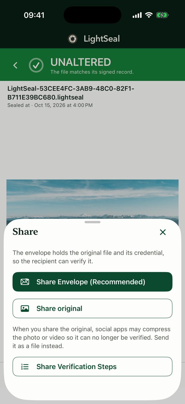 LightSeal share options: Share Envelope (Recommended), Share original, Share Verification Steps