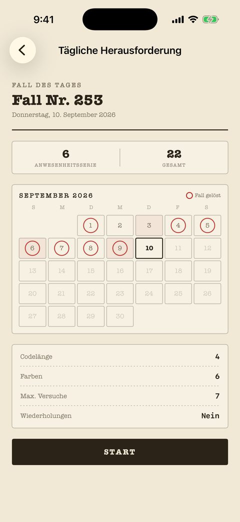 Fall des Tages in Mind Cipher: ein Serien-Kontobuch, ein Kalender mit abgestempelten erledigten Tagen und die Einstellungen des heutigen Rätsels.