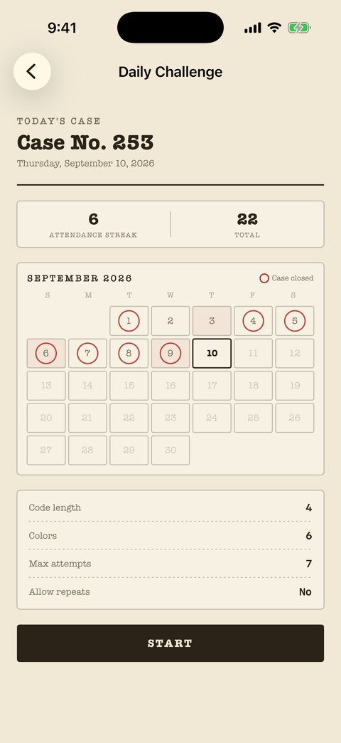 Today's Case in Mind Cipher: a streak ledger, a calendar with closed days stamped, and today's puzzle settings.