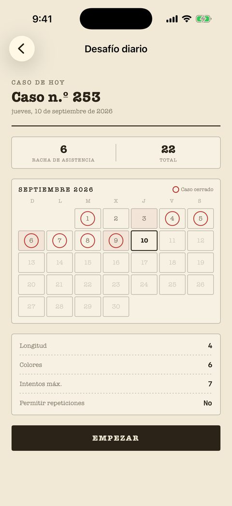 Caso de hoy en Mind Cipher: un libro de rachas, un calendario con los días cerrados sellados y los ajustes del puzle de hoy.