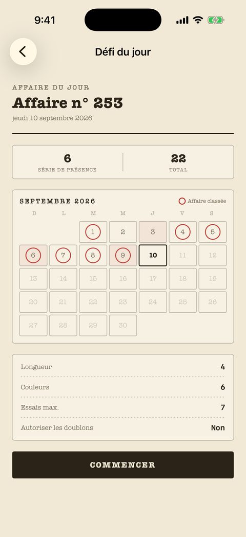 Affaire du jour dans Mind Cipher : un registre de série, un calendrier aux jours classés tamponnés, et les réglages du casse-tête du jour.