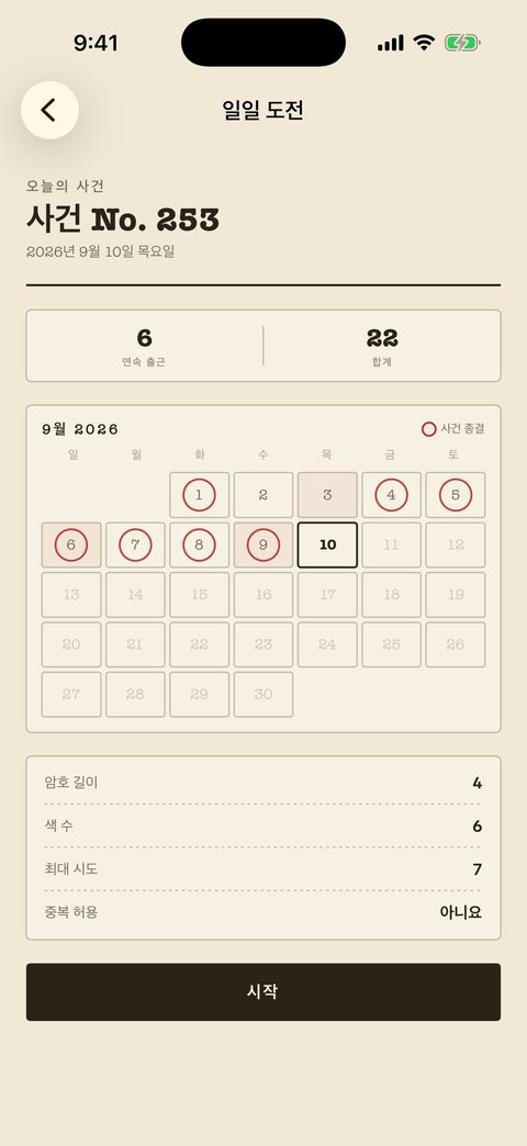 Mind Cipher의 오늘의 사건: 연속 기록 장부, 종결한 날에 도장이 찍힌 달력, 오늘의 문제 설정.