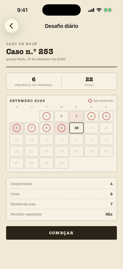 Caso de hoje no Mind Cipher: um livro de sequência, um calendário com os dias arquivados carimbados e as configurações do quebra-cabeça de hoje.