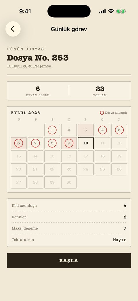 Mind Cipher'da Günün dosyası: bir seri defteri, kapatılan günleri damgalanmış bir takvim ve bugünün bulmaca ayarları.